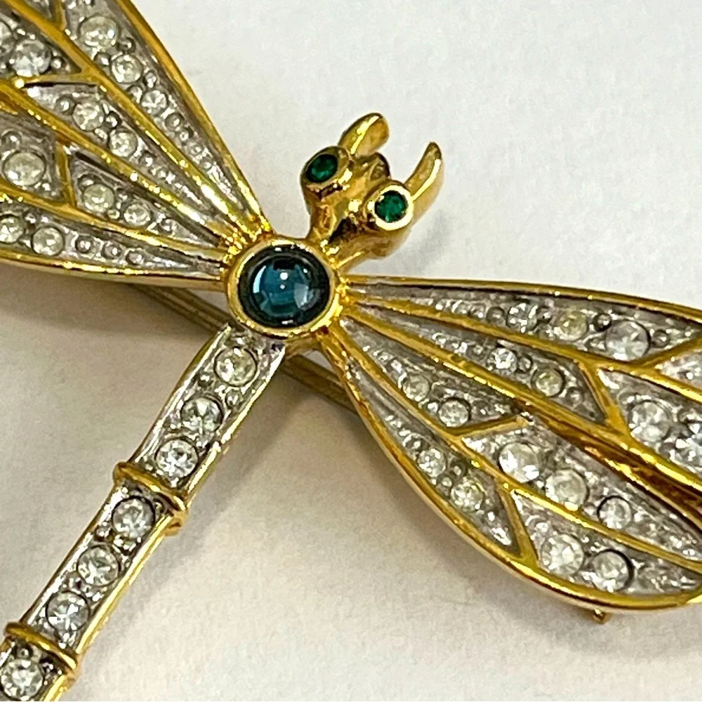 Golden Crystal Dragonfly Brooch Pin 1.25" - Picture 5 of 10